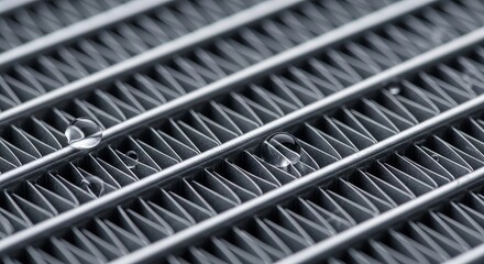 A close-up view of a metal radiator with water droplets on its surface
