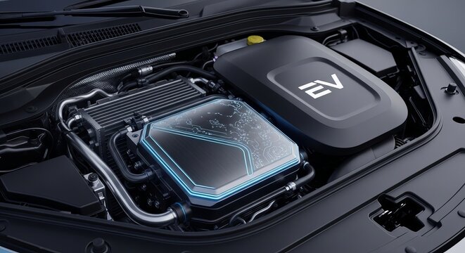 Close up view inside the engine bay of a modern electric vehicle showcasing the sophisticated powertrain components and battery management system interface highlighting future automotive technology.