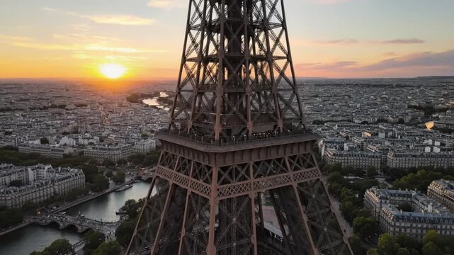 Sunset at Eiffel Tower in Paris with view of the city and river at evening time