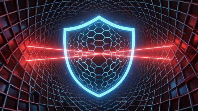 Futuristic hexagonal mesh grid forming a protective shield dome over a pulsing data core with red scanning lasers for cybersecurity visualization