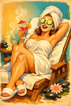 Playful pin up style woman lounges in a spa chair with towel wrap, cucumber eye mask and bright cocktail, capturing carefree self care, beauty and relaxation in retro illustration.