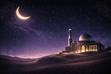 Elegant Ramadan Night Scene with Modern Mosque and Crescent Moon