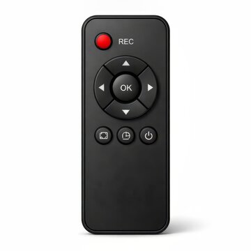 Minimal black remote control featuring central navigation buttons and a bold red record key is isolated on white, suitable for TV, media player, projector or smart home control concepts.