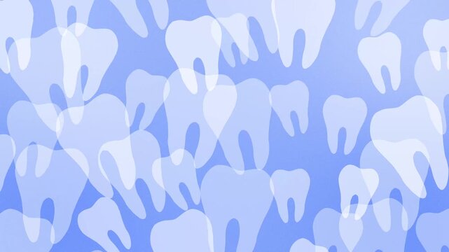 Animated dental pattern with floating white teeth on blue background. Seamless looping animation. For dental clinic waiting room screens, dentistry websites, oral hygiene educational videos.