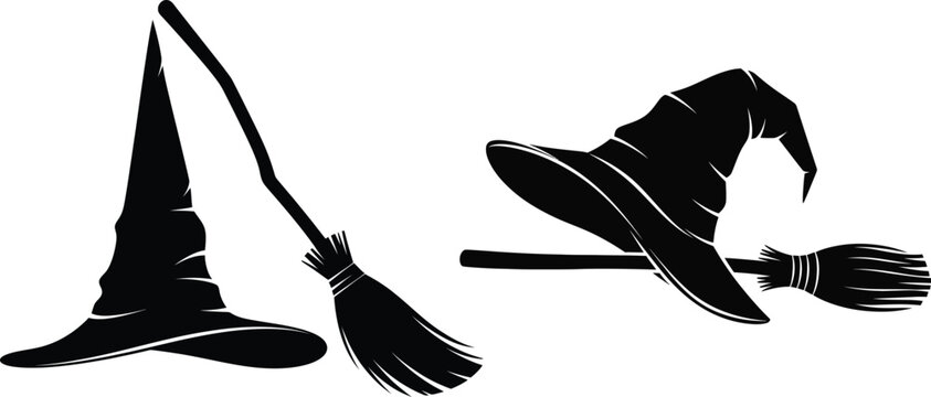 Black silhouette of a witch's hat and broomsticks on a white background