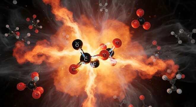 Molecular structure explosion with atoms and molecules in motion.