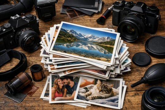 Printed images with vintage and modern cameras on wood