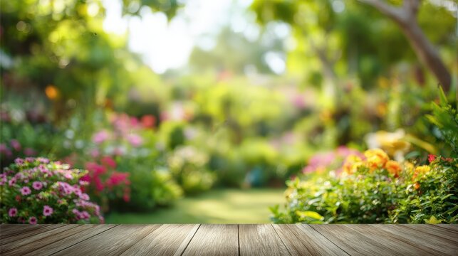 Empty wooden table top with blurred lush garden background for product display