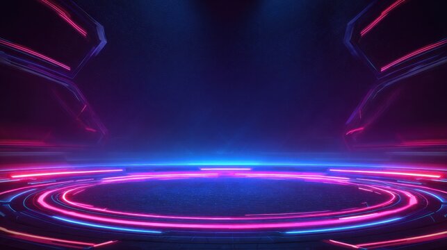 Futuristic digital stage with glowing neon pink and blue light circles and abstract geometric shapes on a dark background
