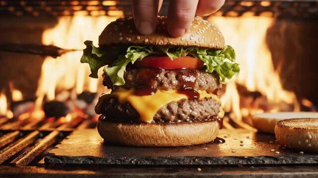 How to make a cheeseburger on the grill with flames and two patties cooking