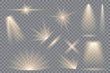 Fototapeta na wymiar A set of vector illustrations of the light rays of a flashlight, multidirectional light from various lighting sources. Illumination. Top and side view.