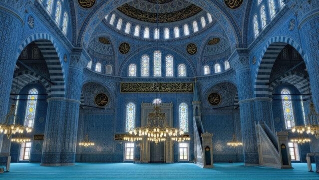 Interior view of a grand blue mosque with intricate Islamic calligraphy, arched windows, and ornate chandeliers