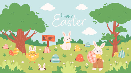 Fototapeta premium Easter egg hunt poster with bunnies, chick, hidden painted eggs. Easter event celebration in spring park. Holiday tradition game for children. Vector illustration in flat style