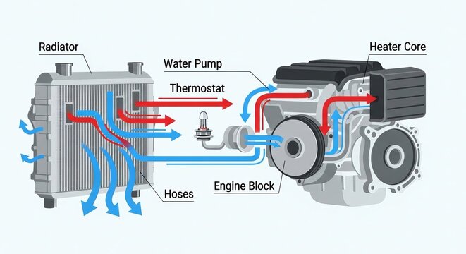 A detailed diagram of a car engine cooling system with labeled components