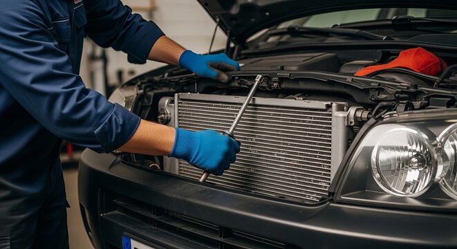 Automotive mechanic working on a car radiator with a wrench, performing vehicle maintenance and repair