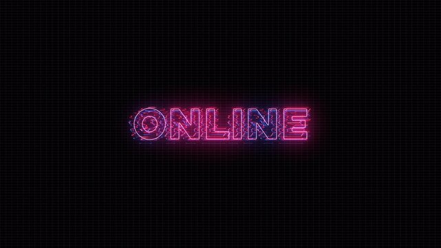 A neon sign displaying "ONLINE" with pink and blue glowing letters on a dark background 4k