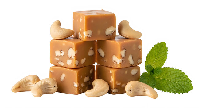 Delicious cashew nut praline candies with fresh mint leaves on white background transparent background