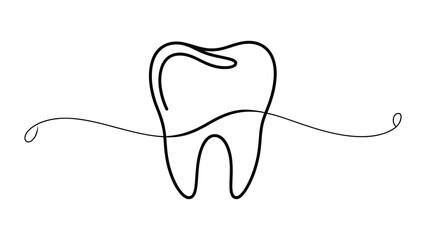 Obraz premium minimalist continuous line tooth illustration with flowing dental floss concept, simple black outline dental care symbol isolated on white background for dentistry and oral hygiene design