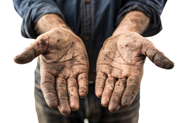 Pair of dirty calloused hands held open wide facing camera