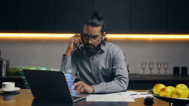 Entrepreneur discussing stock market crash, analysing digital financial reports
