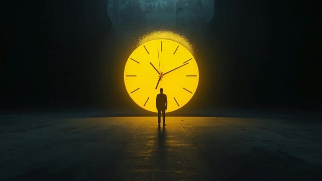 Silhouette of person standing before large glowing clock face in dark minimal space with dramatic lighting