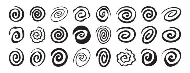 Hand drawn bold spiral icons bursting with energy, energetic brushwork, rough edges, dynamic motion, high contrast black shapes, ideal for posters, art prints, creative backgrounds, experimental