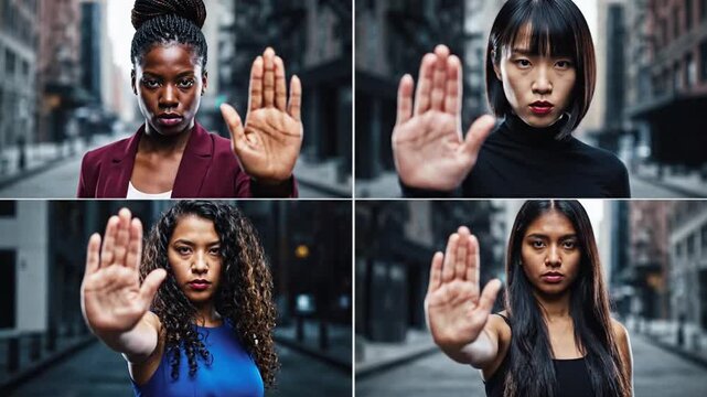 Four women stand in a city street holding their hands up in a stopping gesture to show strength and unity in social issues