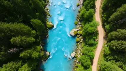 Aerial view of a turquoise river
