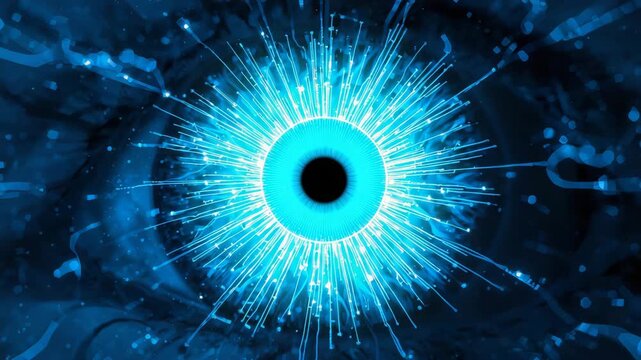 Abstract digital eye formed by radiant blue light rays and circular data pattern on dark technology background