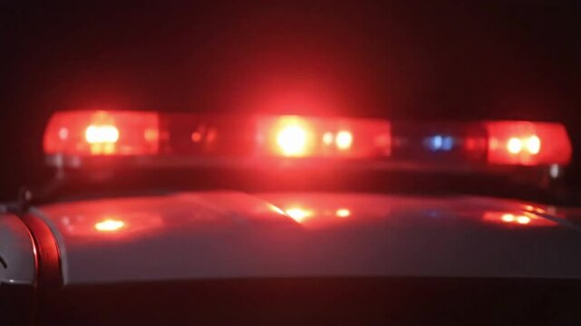 Police lights flash at night during a traffic stop in a city area