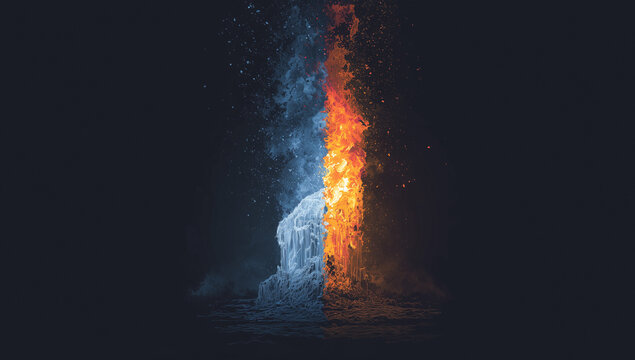 a vertical split with one side in vibrant blue and the other in fiery red, representing hot versus cold energy on a black background.