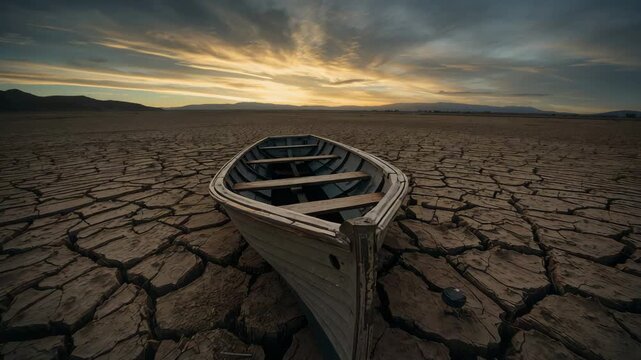 Wooden rowboat resting on cracked dry ground under dramatic cloudy sky symbolizing drought landscape environment