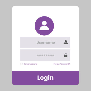 A modern white login panel with purple accents, featuring an outlined user icon, input fields for username and password, a 'Remember me' checkbox, and a prominent 'Login' button.