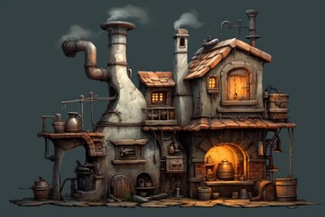 Whimsical factory building featuring intricate machinery, smoking chimneys, and glowing windows on a dark background