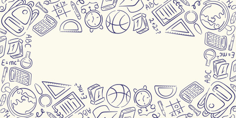 Obraz premium Education frame icon in doodle style for back to school design. Illustration background with backpack, globe, books and math symbols for stationery and classroom design.