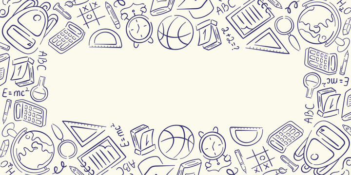 Education frame icon in doodle style for back to school design. Illustration background with backpack, globe, books and math symbols for stationery and classroom design.