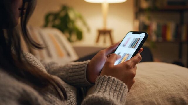 Woman browsing clothing online at home in evening