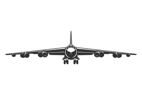 Silhouette B52 stratofortress military aircraft design from front view. Vector illustrations aeroplane in black and white color from ahead. Monochrome drawing united states bomber plane.