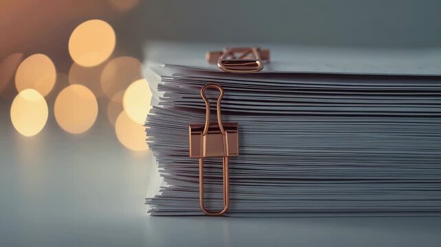 Stack of documents clipped together with metal binder clip placed against soft blurred background lighting