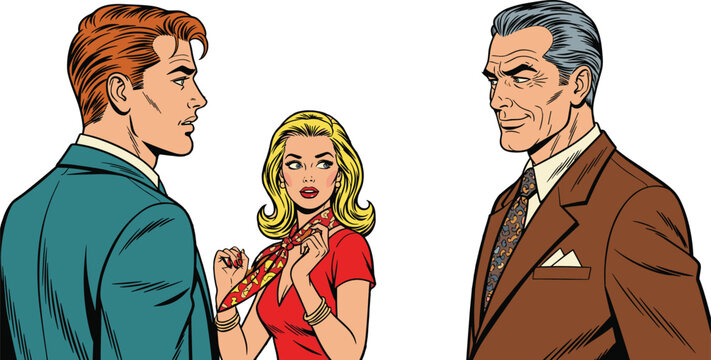 Vintage comic book pop art vector of three people in formal wear, dramatic scene