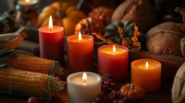 Autumn harvest arrangement with lit candles surrounded by pumpkins corn and seasonal vegetables on rustic table