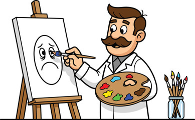 Cartoon vector illustration of a happy male artist painting a sad face on canvas
