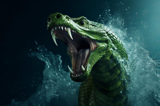 Green serpent creature opening fangs, splashing aggressively from water