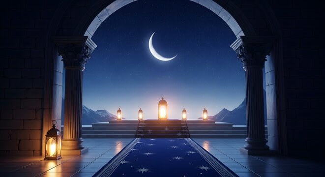A serene crescent moonlit night scene with a majestic mosque in the distance, viewed through an ornate arched doorway, surrounded by lanterns, in a photorealistic, mystical, and contemplativ