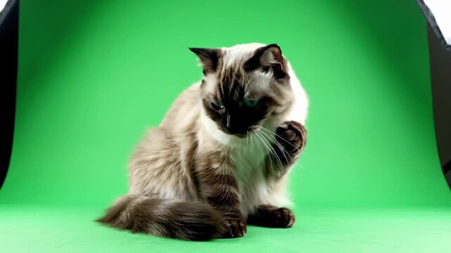 Siberian cat poses in front of green backdrop during photo session at indoor studio in 2023