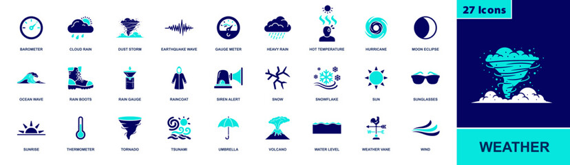 Fototapeta premium Weather icon set. Containing barometer, thermometer, wind, rain, umbrella, snowflake, hurricane, tornado, tsunami, earthquake, sun, clouds and more. Solid fill vector icons collection.