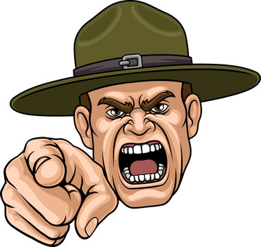 An angry drill instructor or sergeant bootcamp army soldier cartoon character