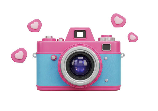 A pink and blue camera with flowers around it isolated on transparent background