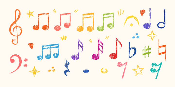 Colorful hand drawn music symbols set with chalk or crayon texture. Collection of bright musical notes, clefs, accidentals and decorative elements in rainbow colors. Doodle scribble musical symbol.