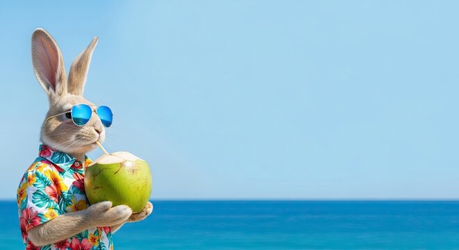 Easter bunny on beach holding coconut drink easter vacation